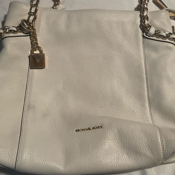 Rare Michael Kors Large Brooke Hobo Bag White Pebbled Leather Gold Straps W Lock - Picture 2 of 14